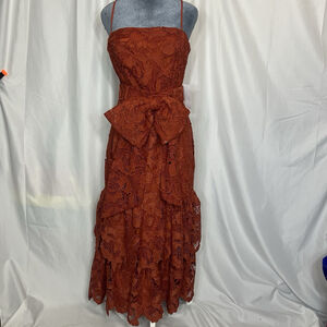 Mestiza New York Vanessa Belted Tiered Guipure Lace Midi Dress Red/Rust 8 Classy